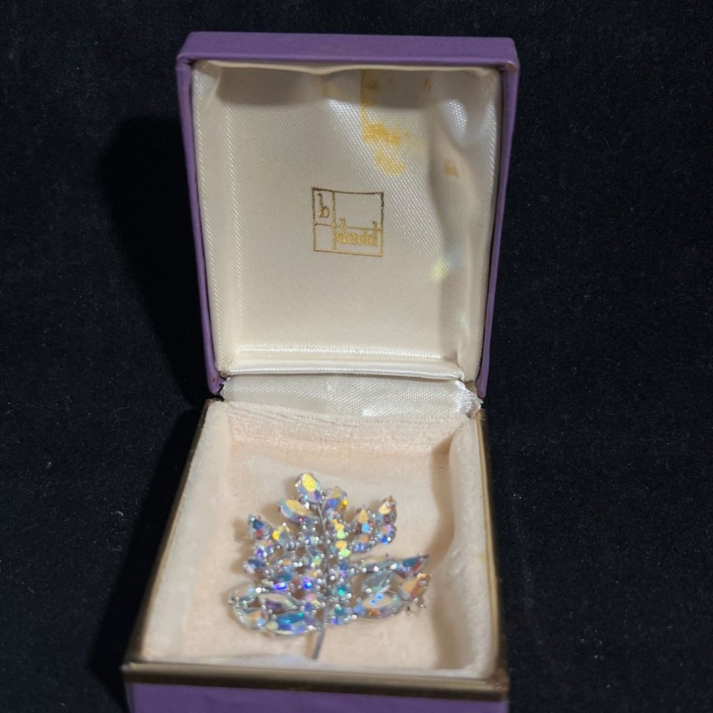 B David Silver Tone Brilliant Aurora Borealis Figural Leaf Brooch Signed (3944)